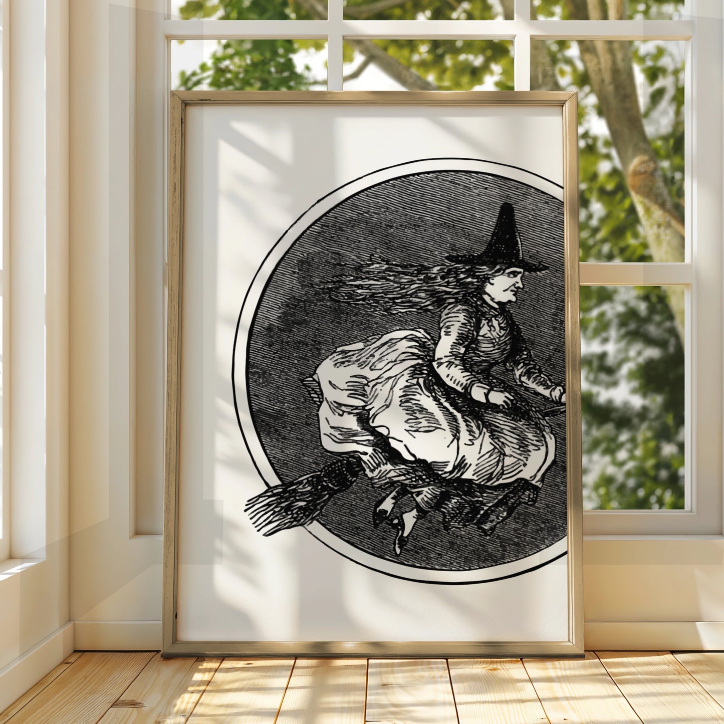 Vintage Witch On Broomstick Halloween Art Print, Gothic Wall Poster, Black White