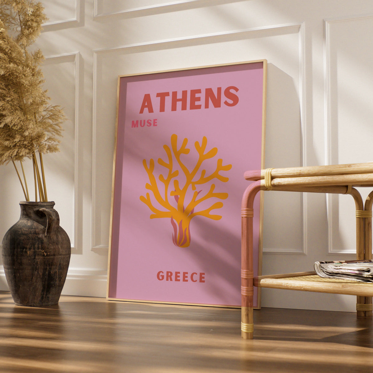 Athens Greece Travel Poster, Retro Wall Art, Pink Greek Print, Coral Botanical Decor