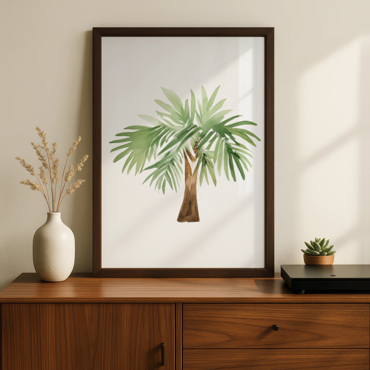 Watercolour Palm Tree Nursery Wall Art, Tropical Green Botanical Kids Room Poster
