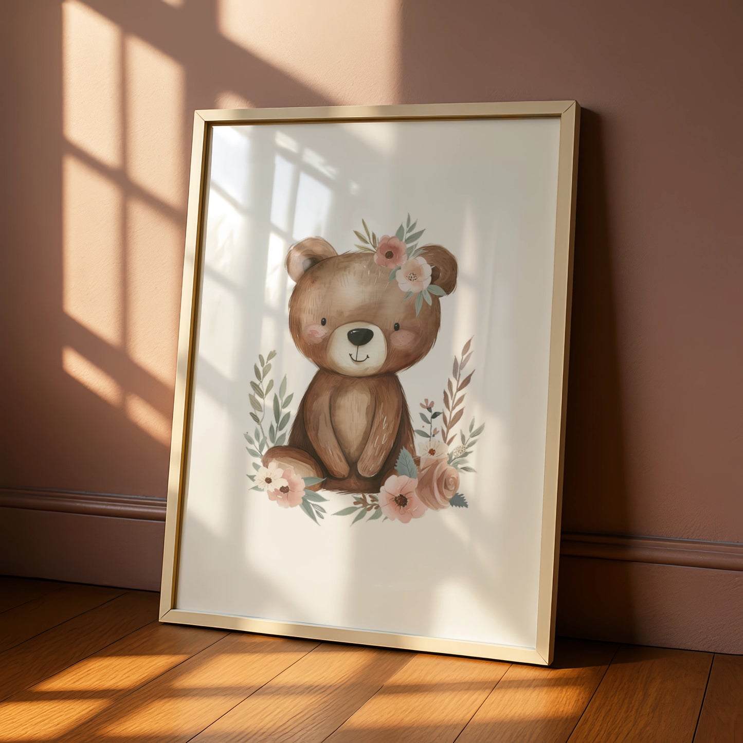 Floral Teddy Bear Nursery Wall Art, Baby Girl Poster, Boho Bear Print, Kids Room Decor