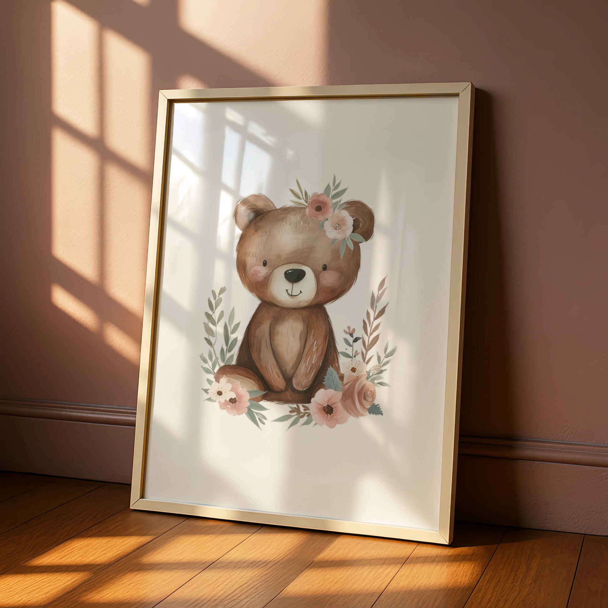 Floral Teddy Bear Nursery Wall Art, Baby Girl Poster, Boho Bear Print, Kids Room Decor