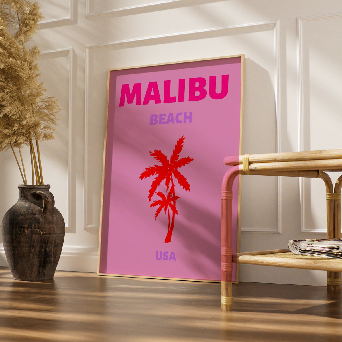 Malibu Beach Travel Poster, California Wall Art, Retro USA Palm Tree Print