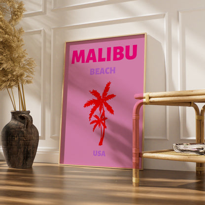 Malibu Beach Travel Poster, California Wall Art, Retro USA Palm Tree Print