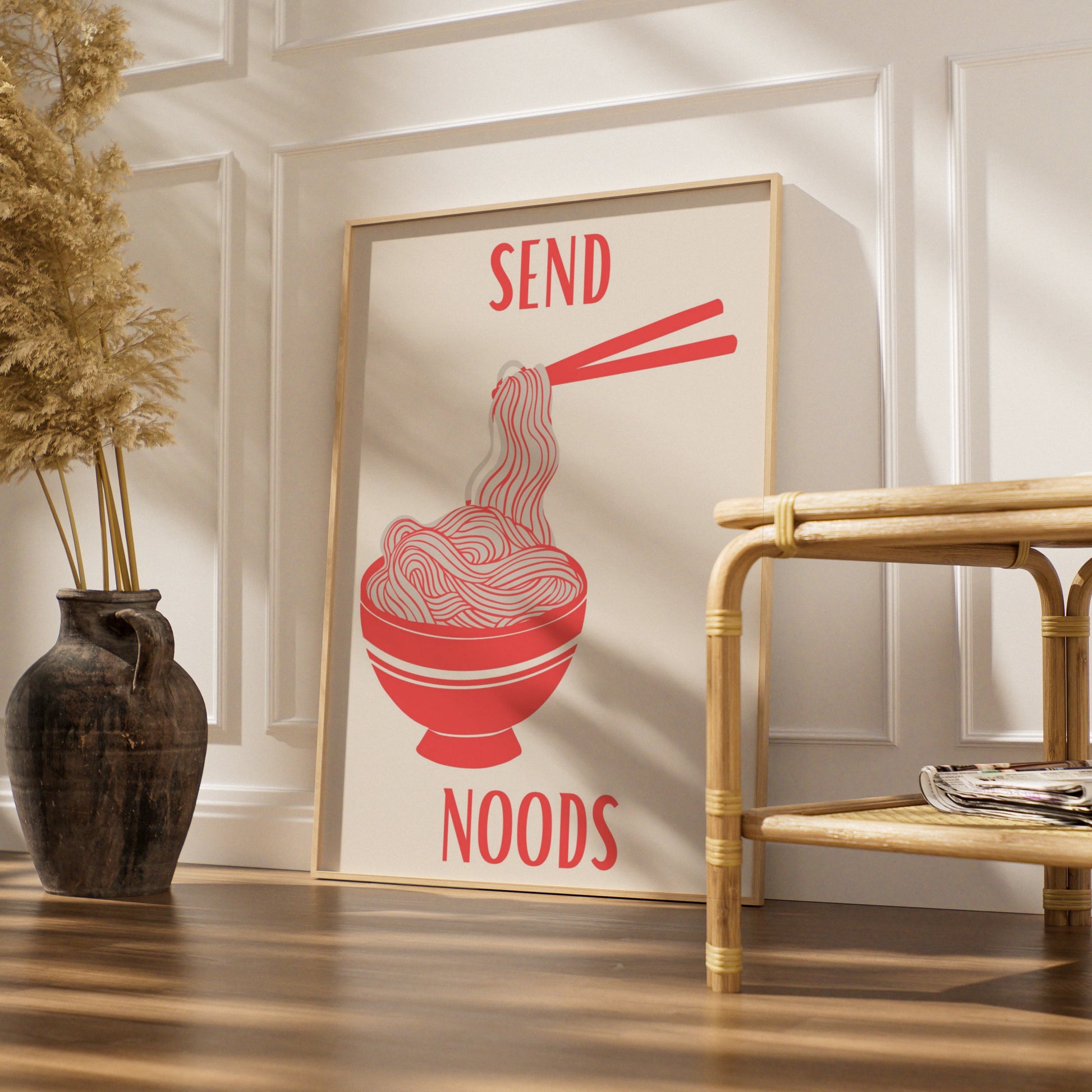 Send Noods Ramen Poster, Funny Noodle Bowl Wall Art, Bold Red Kitchen Print