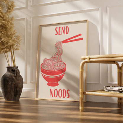 Send Noods Ramen Poster, Funny Noodle Bowl Wall Art, Bold Red Kitchen Print