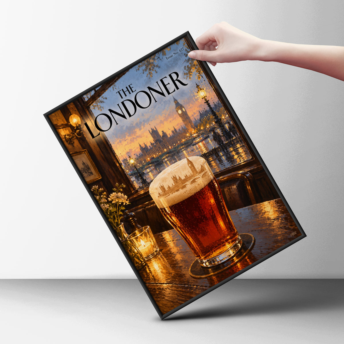 The Londoner Magazine Cover Poster, London Pub Pint at Sunset, Big Ben Wall Art, Pub Decor Print