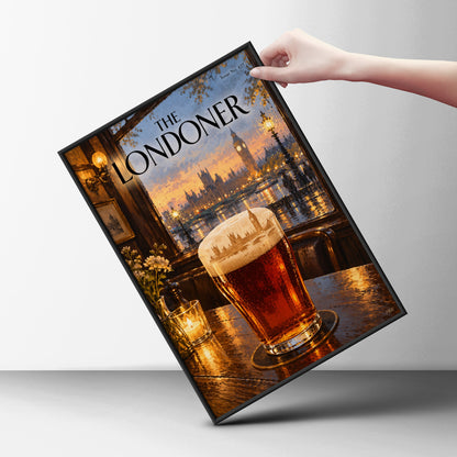 The Londoner Magazine Cover Poster, London Pub Pint at Sunset, Big Ben Wall Art, Pub Decor Print