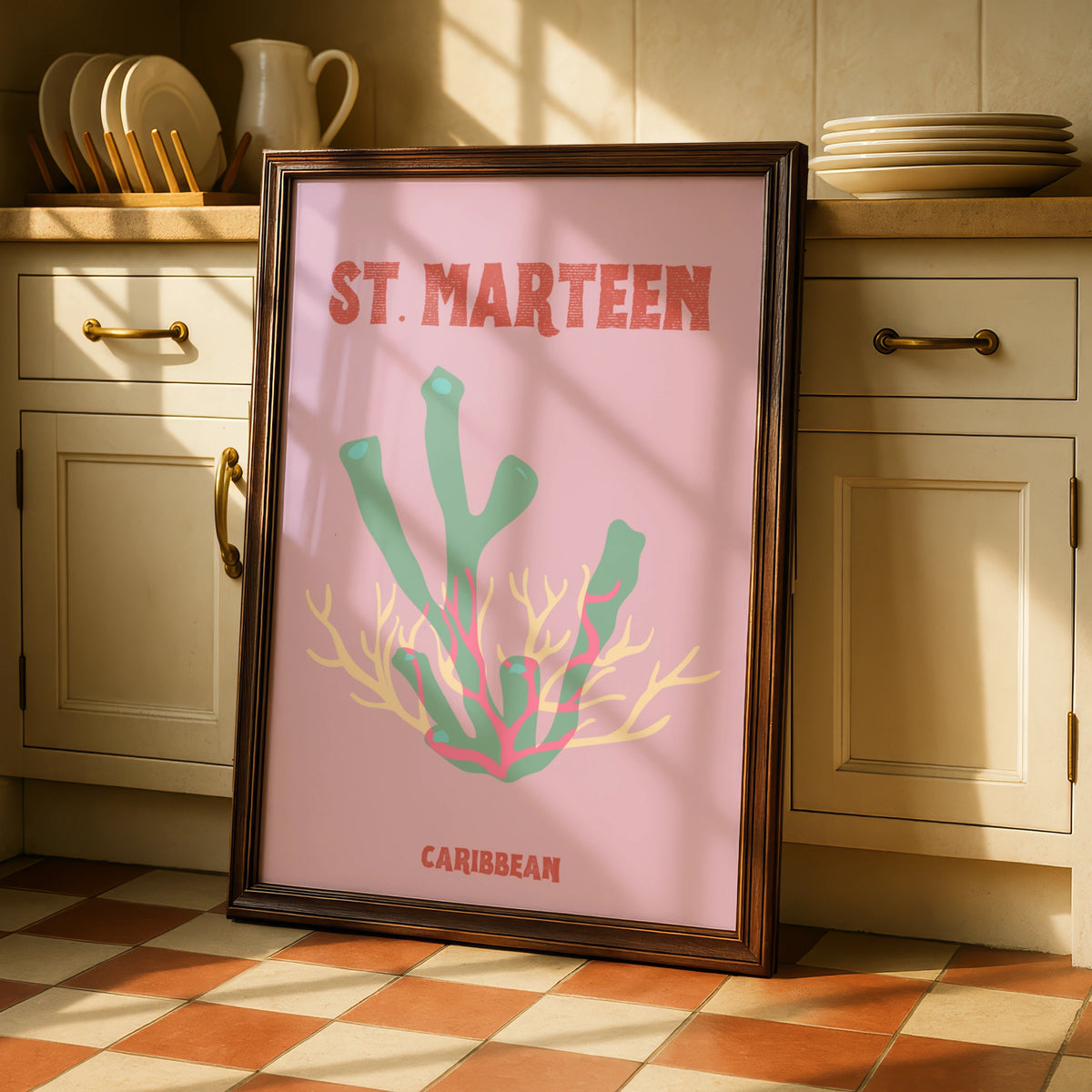 St Maarten Caribbean Travel Poster, Retro Coral Wall Art, Tropical Island Print