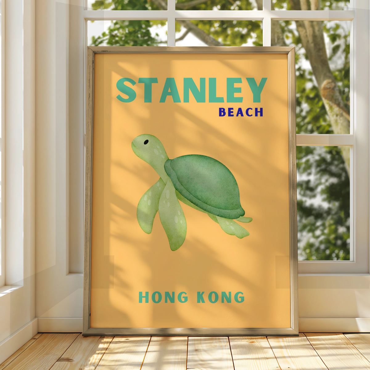 Stanley Beach Hong Kong Travel Poster, Sea Turtle Wall Art, Retro Coastal Print