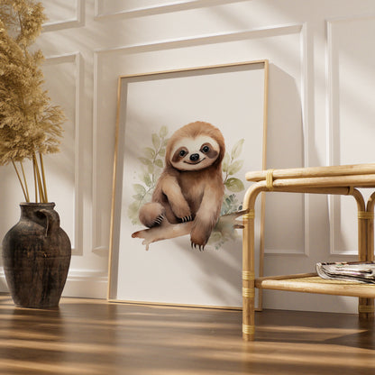 Cute Sloth Nursery Wall Art, Baby Animal Watercolour Poster, Kids Room Decor Print