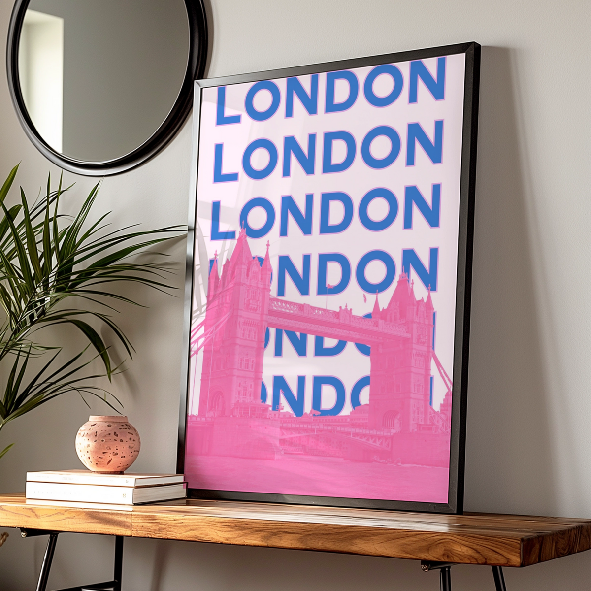 London Travel Poster, Tower Bridge Wall Art, Retro Bold Pink Blue UK Print