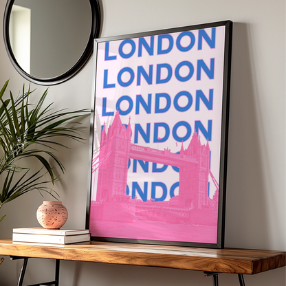 London Travel Poster, Tower Bridge Wall Art, Retro Bold Pink Blue UK Print