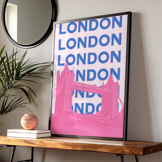 London Travel Poster, Tower Bridge Wall Art, Retro Bold Pink Blue UK Print — Digital Download