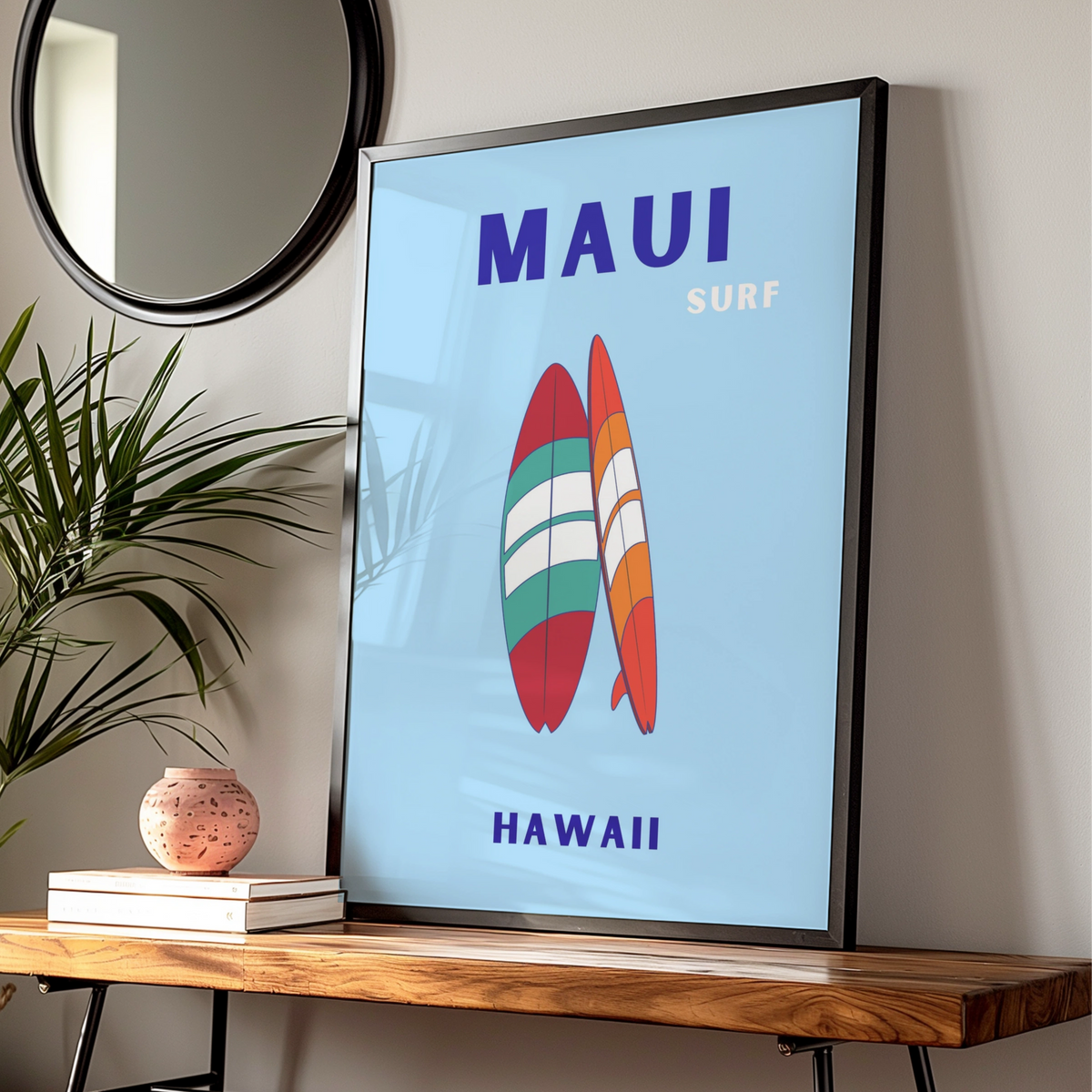 Maui Hawaii Surf Travel Poster, Retro Surfboard Wall Art, Hawaiian Beach Print