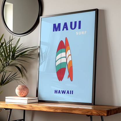 Maui Hawaii Surf Travel Poster, Retro Surfboard Wall Art, Hawaiian Beach Print