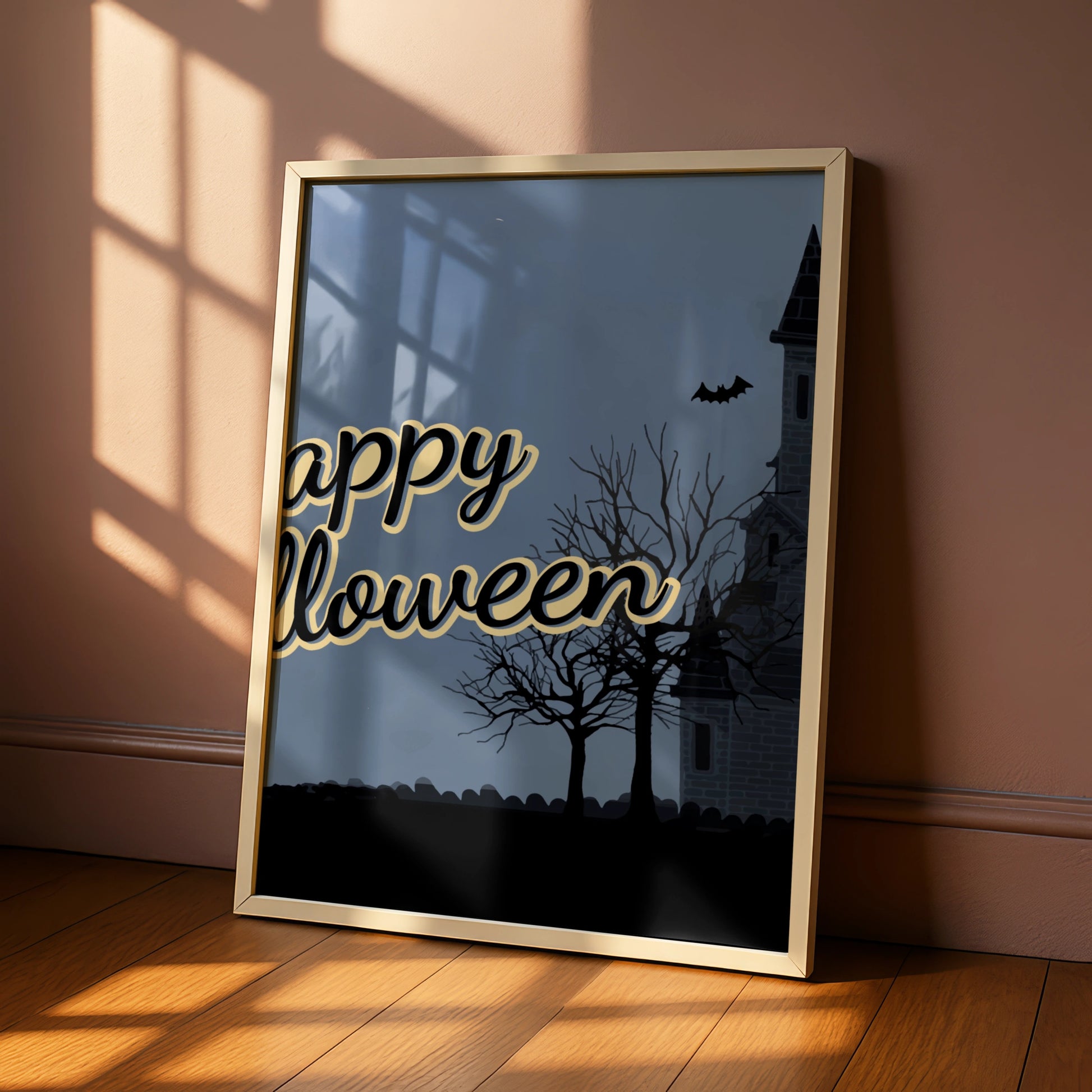 Happy Halloween Haunted House Poster, Spooky Castle Bats Full Moon Wall Art Print