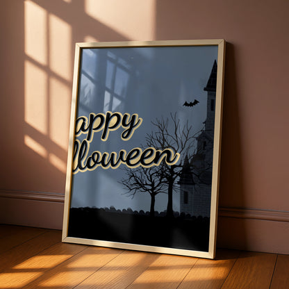 Happy Halloween Haunted House Poster, Spooky Castle Bats Full Moon Wall Art Print