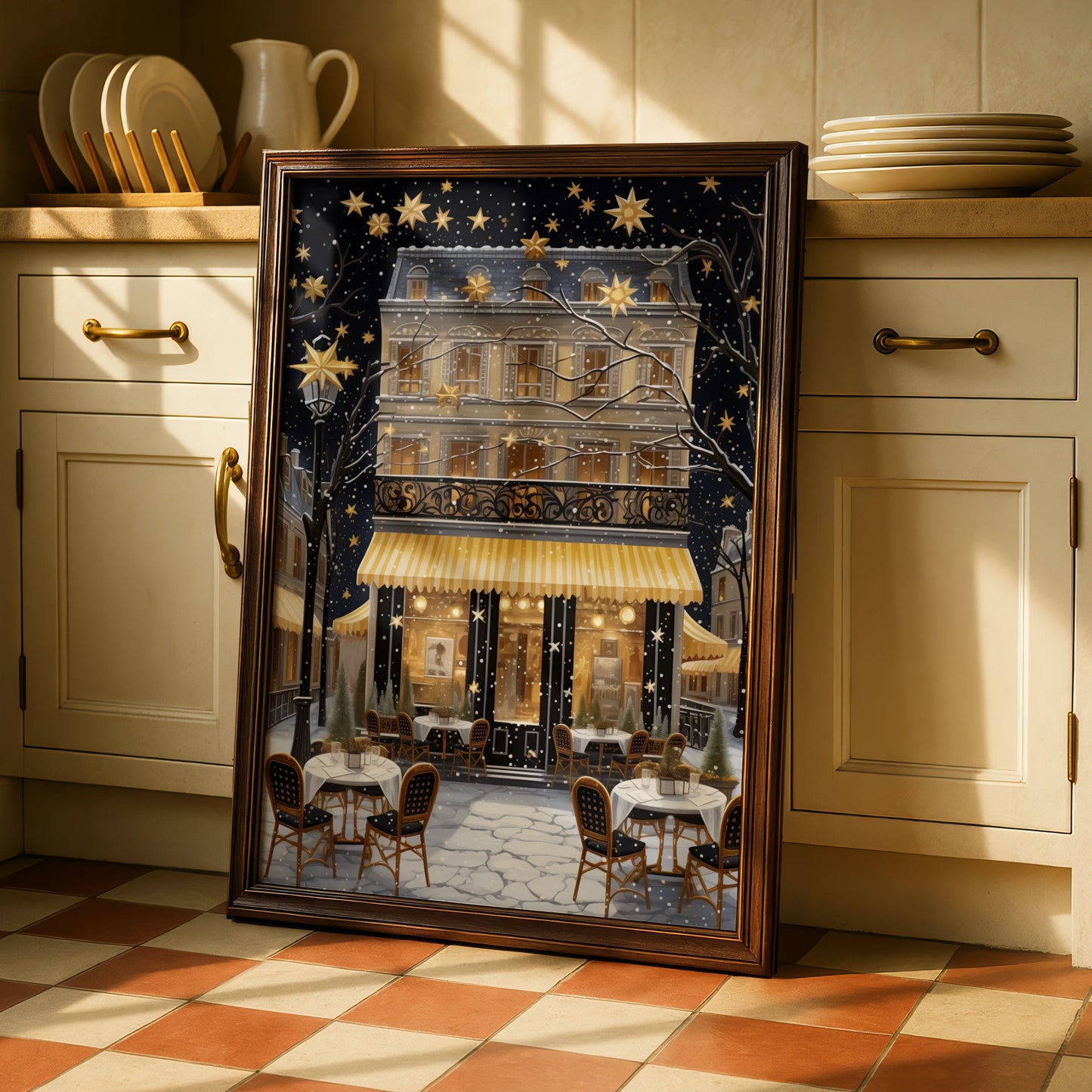 Christmas Paris Cafe Poster, Festive Winter Street Art Print, Gold Stars Snow