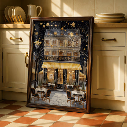Christmas Paris Cafe Poster, Festive Winter Street Art Print, Gold Stars Snow
