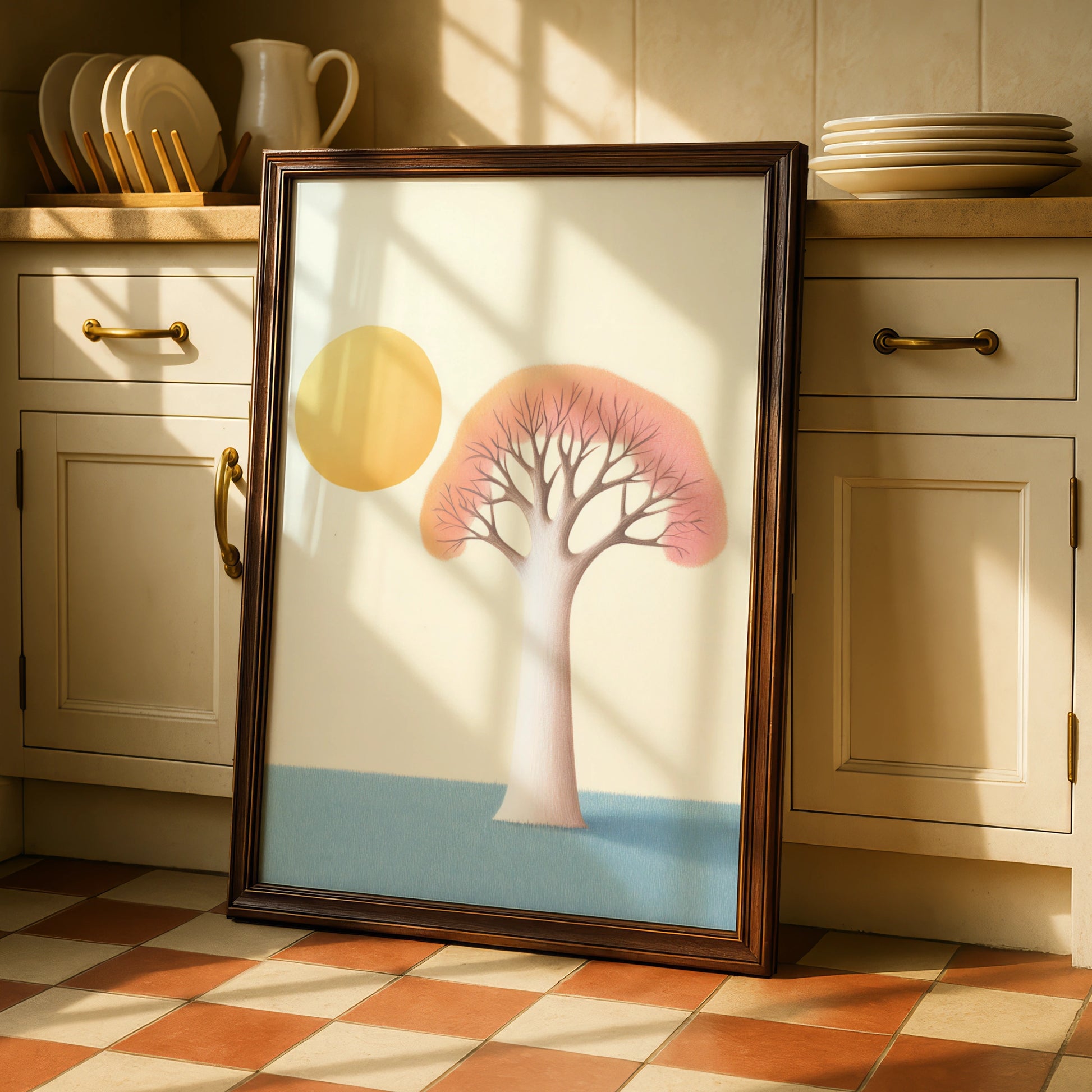 Nursery Tree Wall Art Print, Boho Sun Poster, Pastel Baby Room Decor, Minimalist Kids