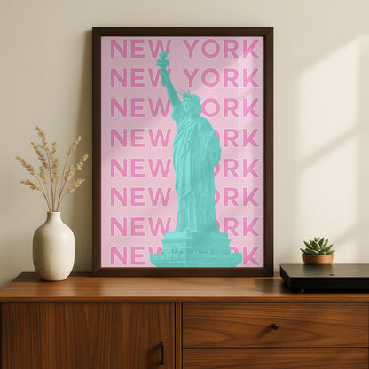 New York Travel Poster, Statue of Liberty Wall Art, Retro NYC Print, Pink Pop Art