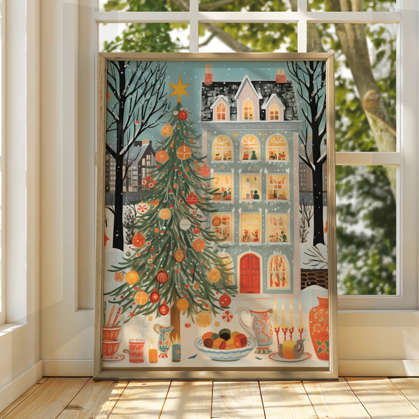 Christmas Tree Poster, Festive Winter Street Scene, Cosy Holiday Wall Art Print