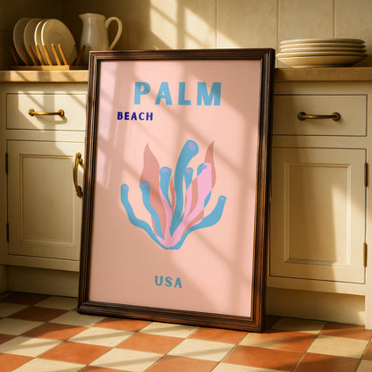 Palm Beach USA Travel Poster, Florida Wall Art, Retro Coral Print, Pastel Beach Decor