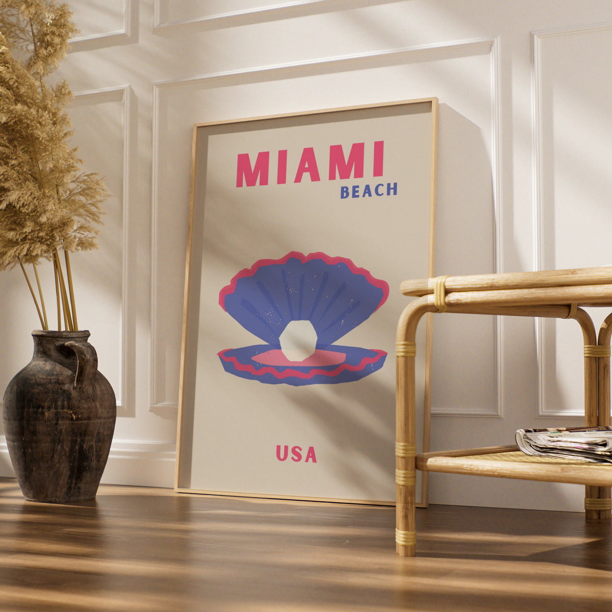 Miami Beach Travel Poster, Florida USA Retro Wall Art, Pink Blue Shell Print