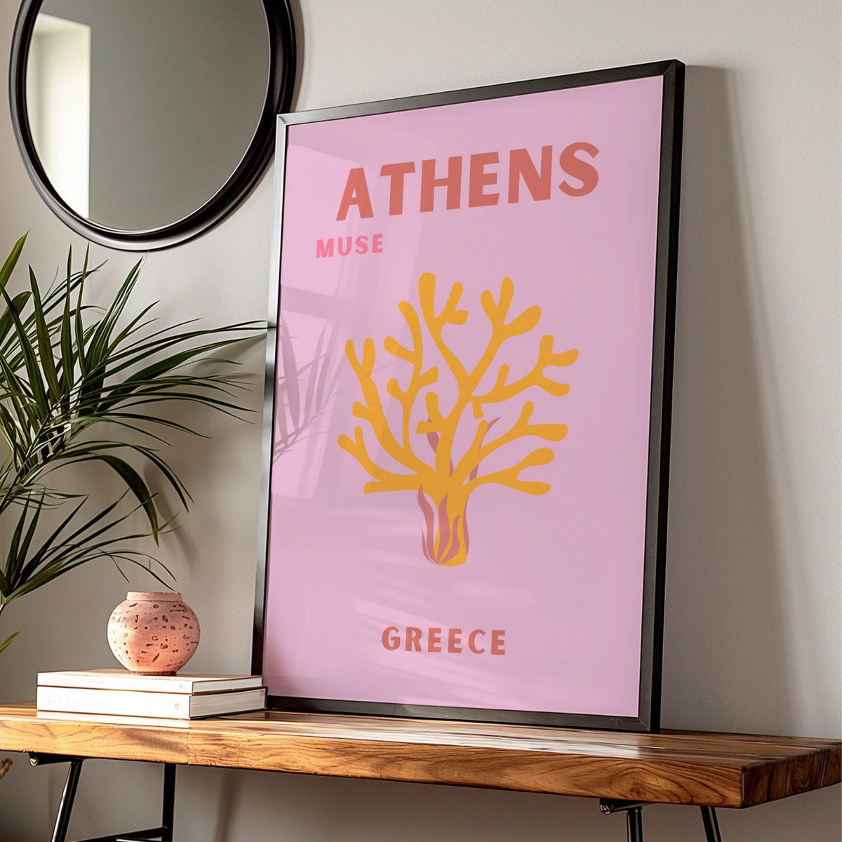 Athens Greece Travel Poster, Retro Wall Art, Pink Greek Print, Coral Botanical Decor