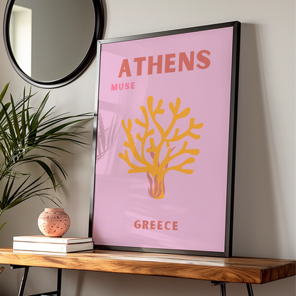 Athens Greece Travel Poster, Retro Wall Art, Pink Greek Print, Coral Botanical Decor