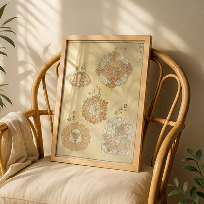 Vintage Japanese Woodblock Art Print, Bijutsukai 1901 Floral Motif, Japandi Wall Art – A5 White frame