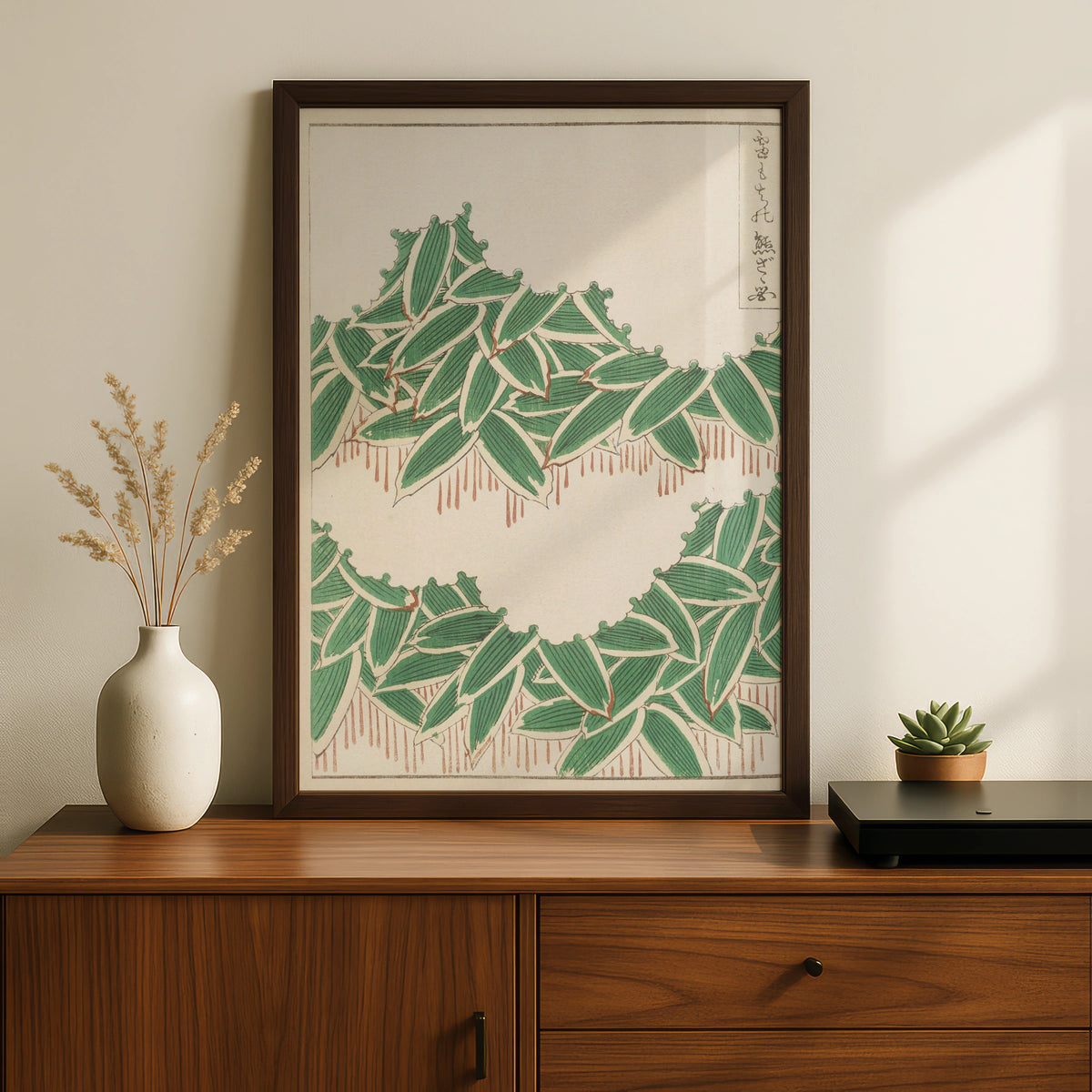 Japanese Botanical Print, Vintage Woodblock Leaf Wall Art, Bijutsukai 1901, Japandi Poster – A5 Black frame