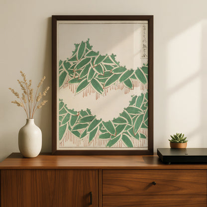 Japanese Botanical Print, Vintage Woodblock Leaf Wall Art, Bijutsukai 1901, Japandi Poster – A5 Black frame