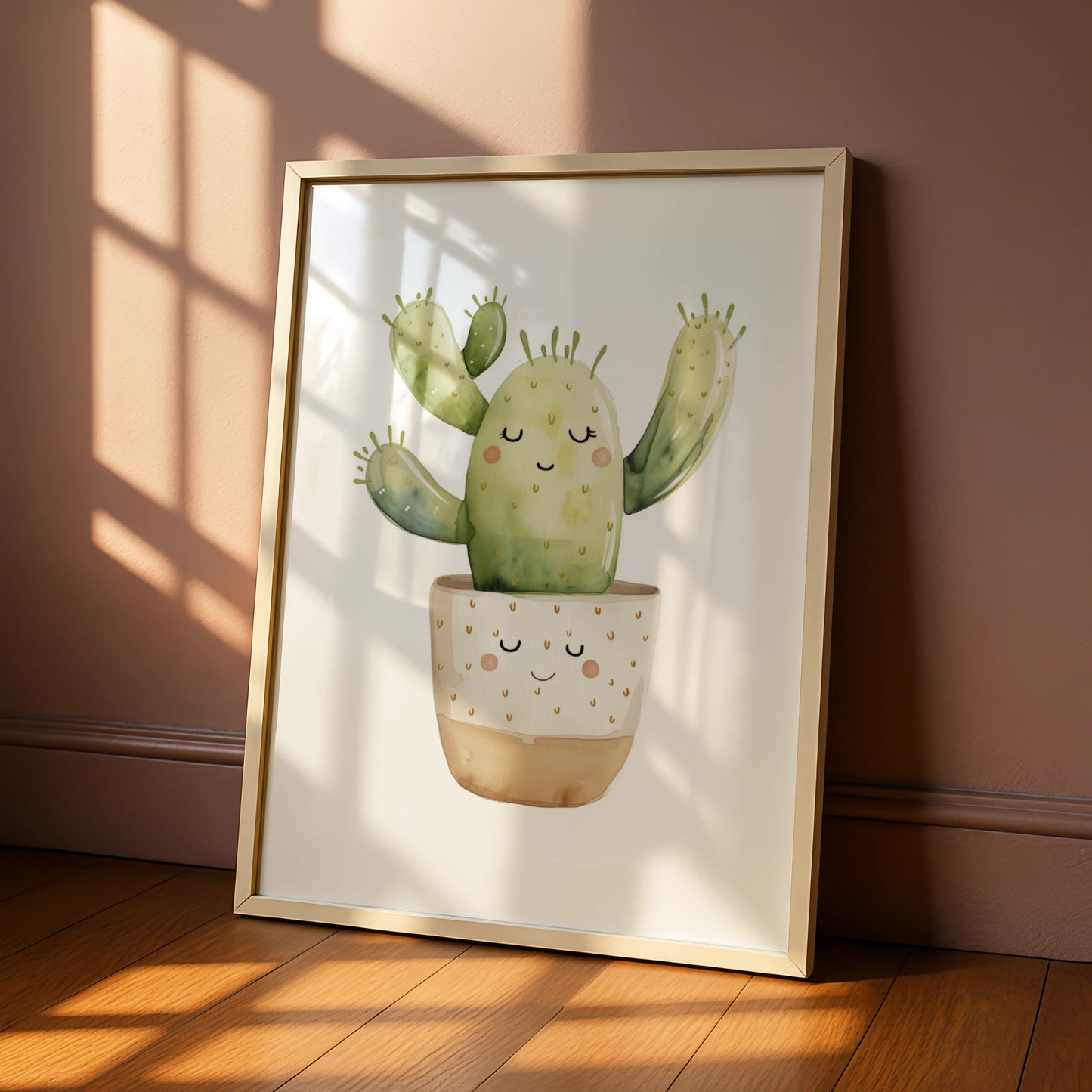 Cute Cactus Nursery Wall Art, Kawaii Watercolour Plant Poster, Kids Room Green Decor Print