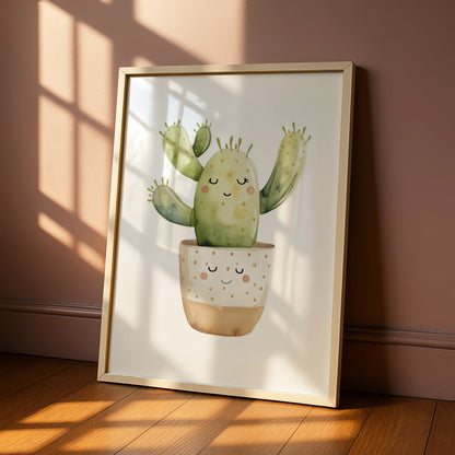 Cute Cactus Nursery Wall Art, Kawaii Watercolour Plant Poster, Kids Room Green Decor Print