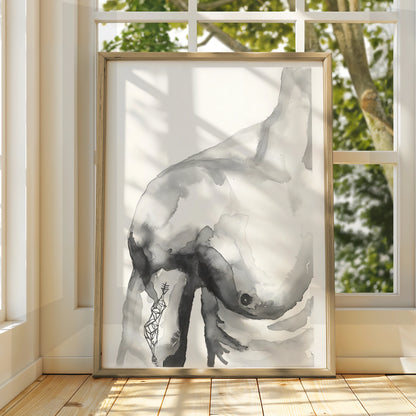Female Nude Figure Print, Monochrome Wall Art, Abstract Body Ink Watercolour Poster, Modern Decor