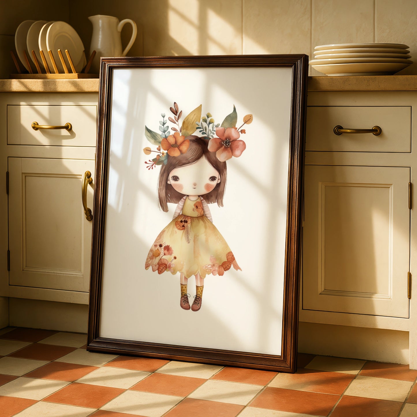Boho Flower Girl Nursery Wall Art, Cute Girl Poster, Floral Crown Print for Baby Girls Room