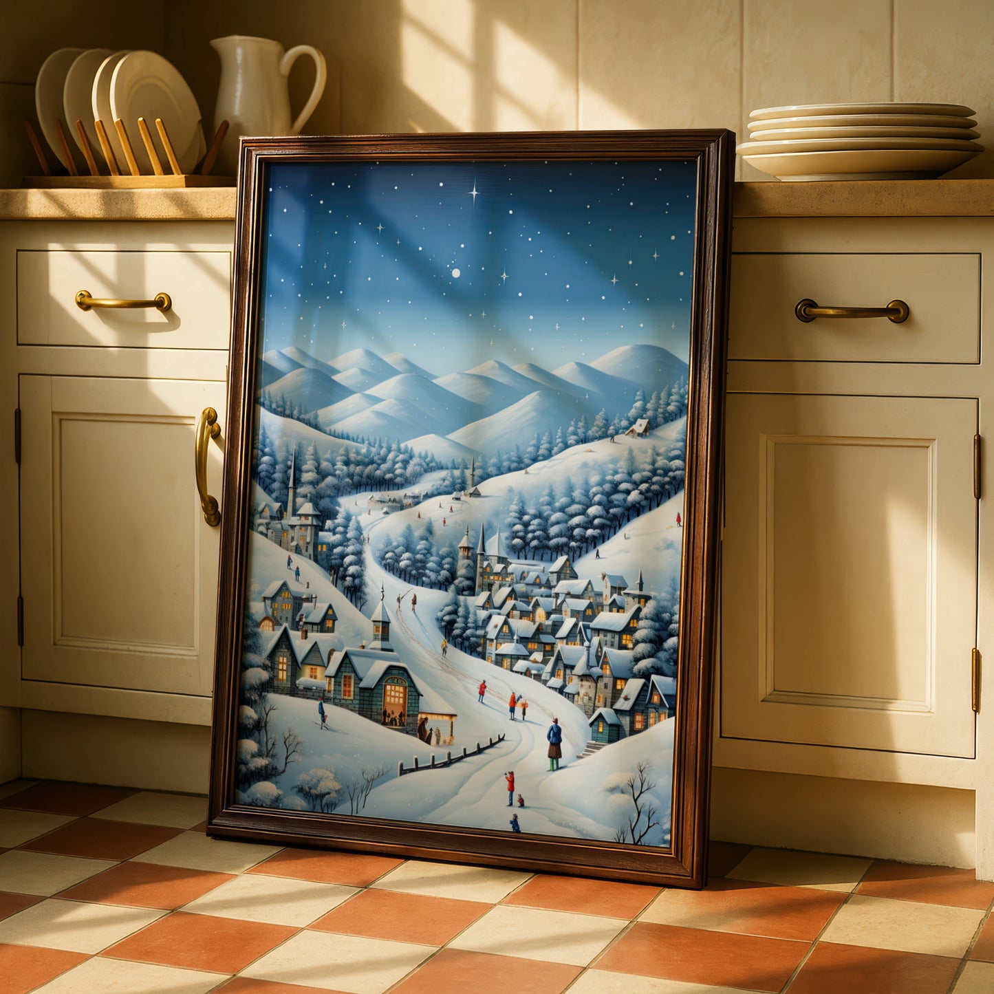 Christmas Village Winter Poster, Snowy Night Scene Wall Art, Festive Holiday Print, Xmas Decor