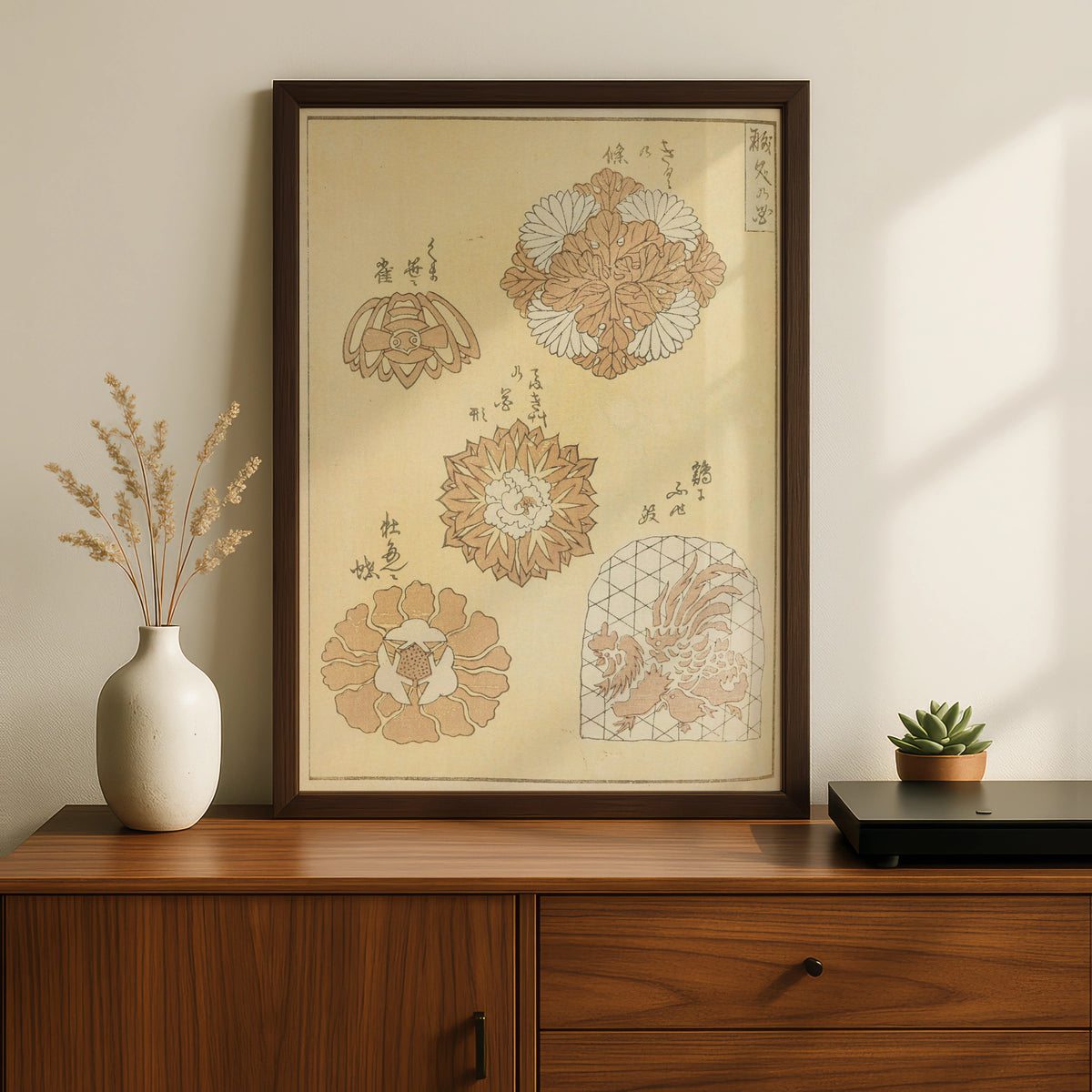 Vintage Japanese Woodblock Art Print, Bijutsukai 1901 Floral Motif, Japandi Wall Art – A5 Black frame
