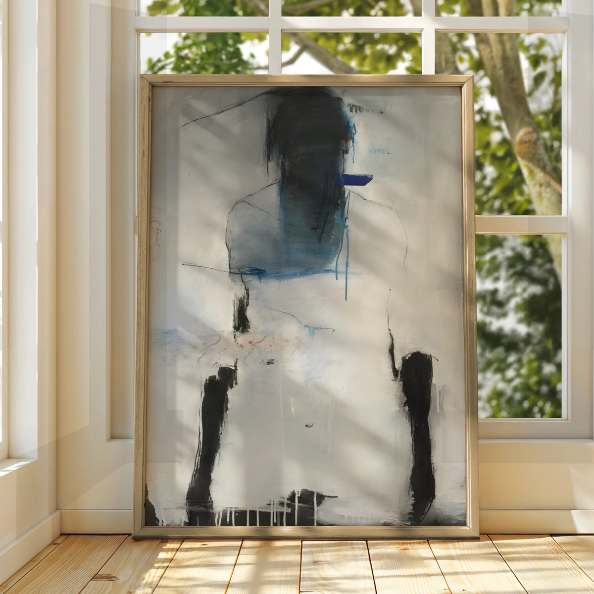 Abstract Figure Print, Monochrome Wall Art, Black White Blue Contemporary Poster, Modern Gallery