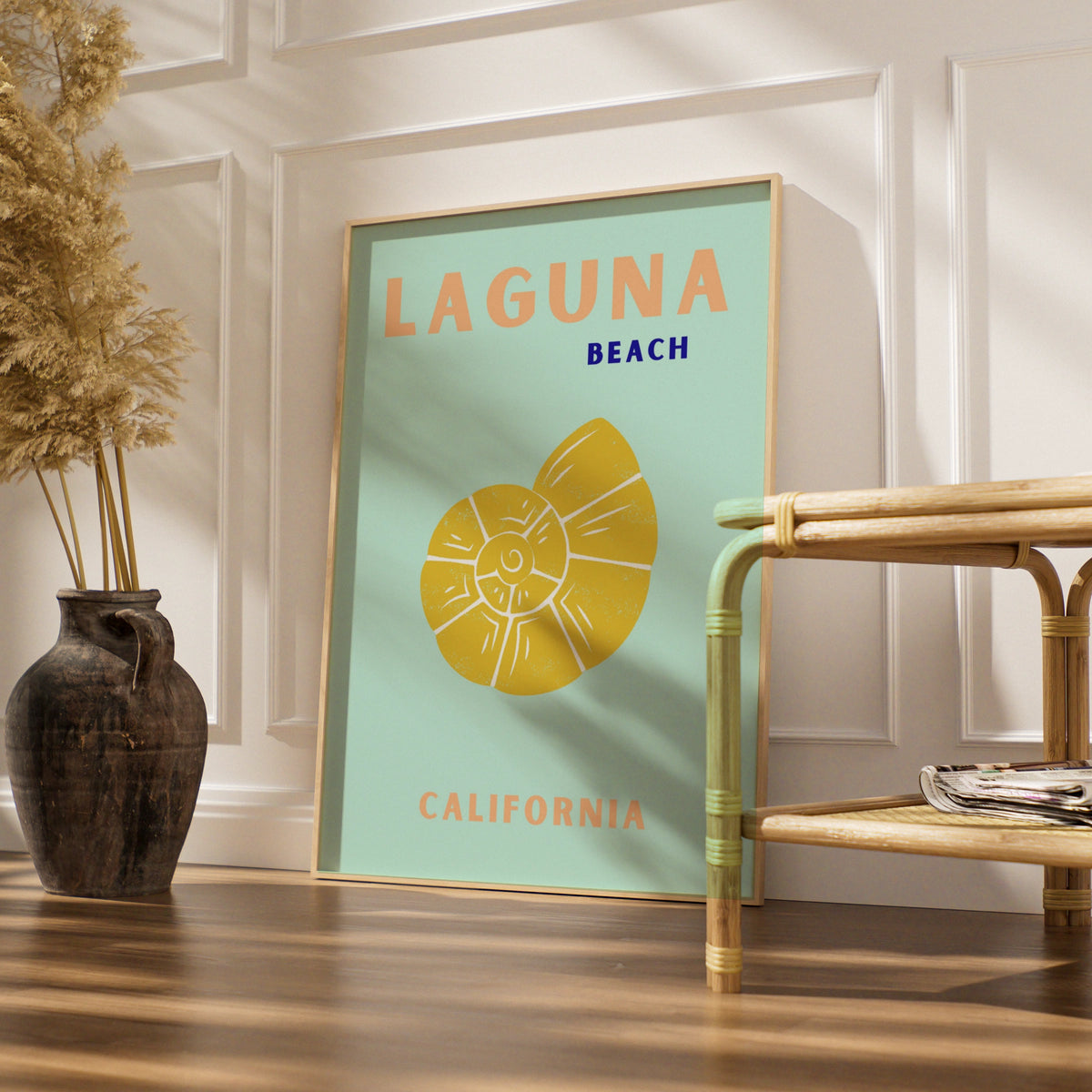 Laguna Beach California Travel Poster, Retro Coastal Wall Art, Seashell Print