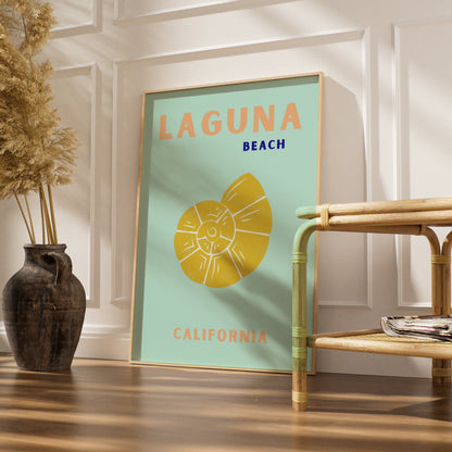 Laguna Beach California Travel Poster, Retro Coastal Wall Art, Seashell Print