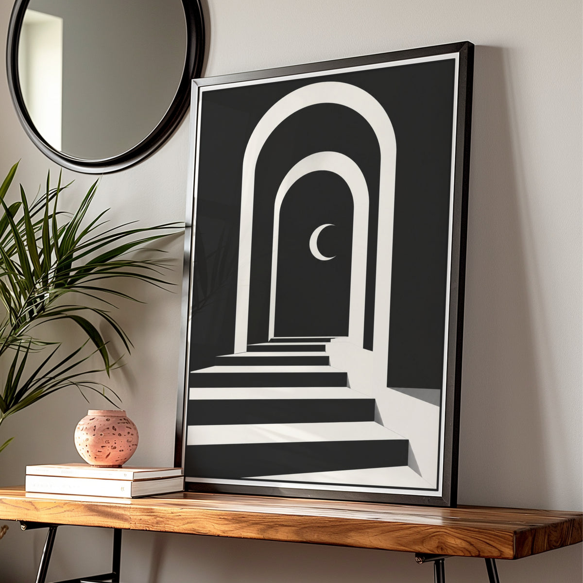 Arch Stairway Crescent Moon Print, Monochrome Wall Art, Minimalist Black White Poster — Digital Download