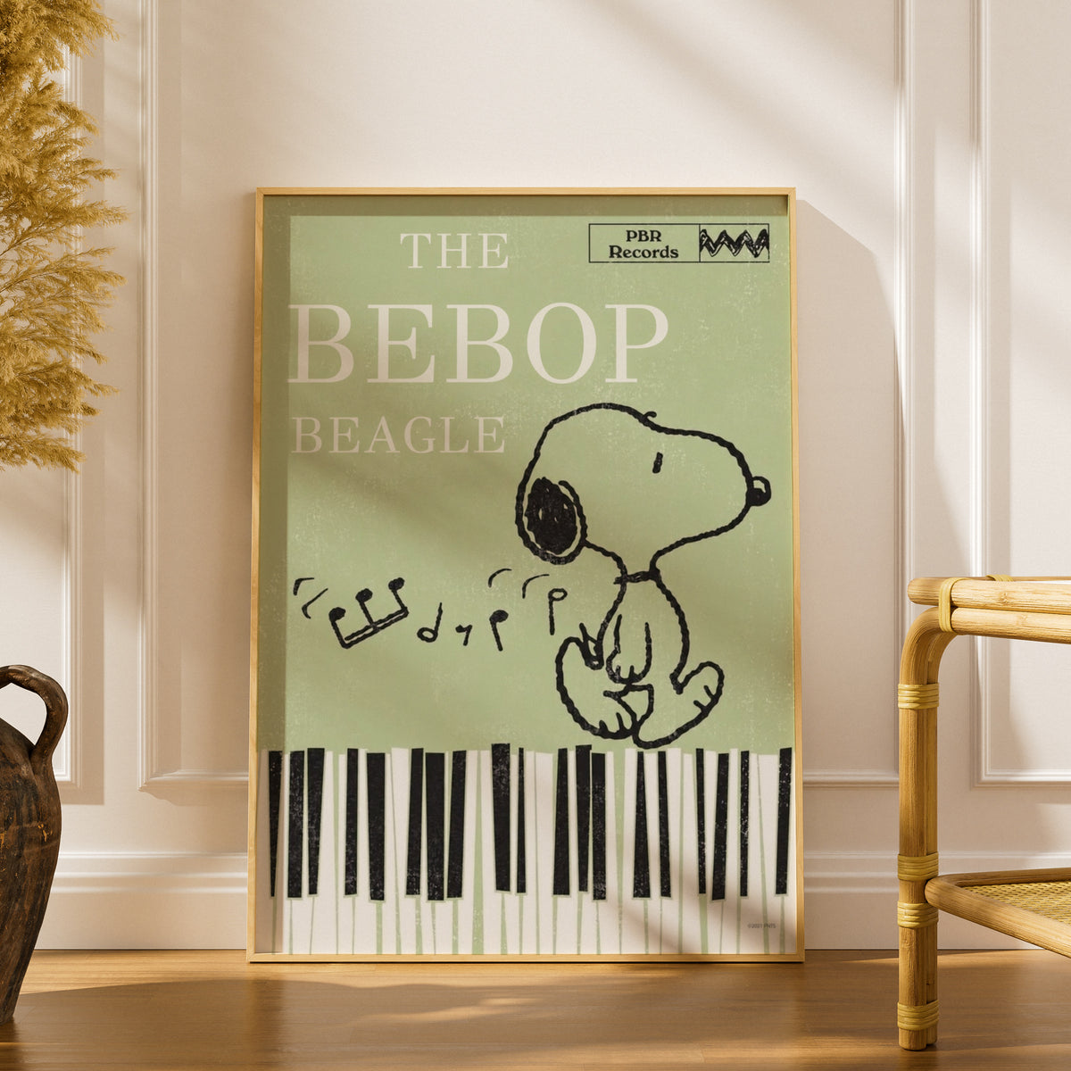 Bebop Beagle Jazz Poster, Retro Cartoon Dog Piano Keys Wall Art, Sage Green Music Room Decor