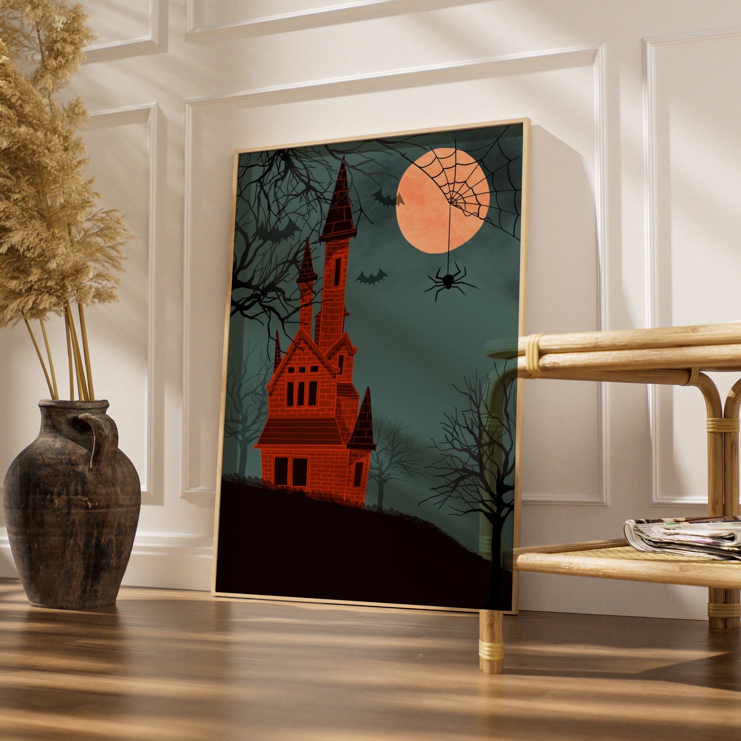 Halloween Haunted Castle Poster, Spooky House Wall Art, Bats Spider Moon Print