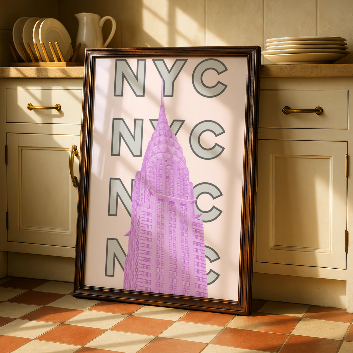 New York City Travel Poster, NYC Wall Art, Pink Retro City Print, Manhattan Skyscraper Decor