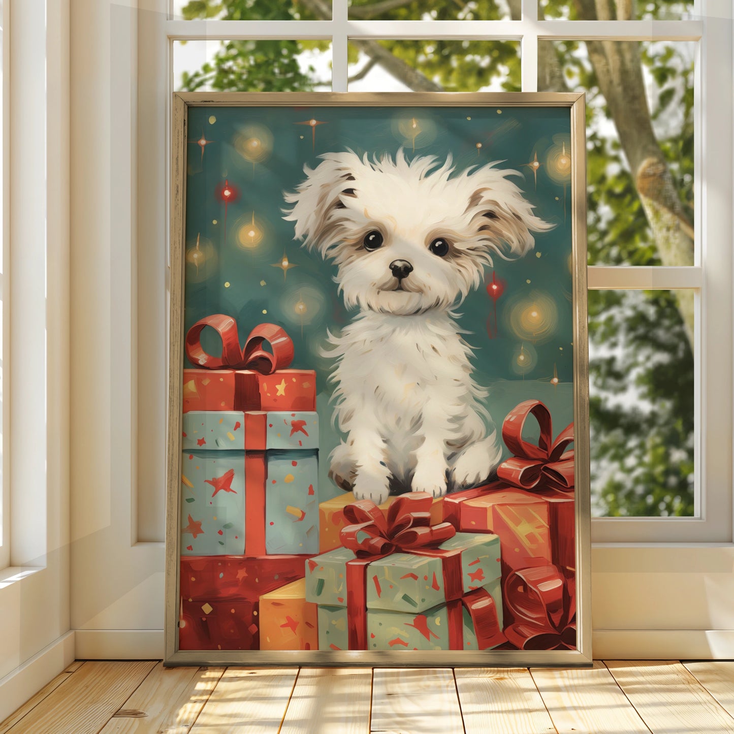 Christmas Puppy Poster, Cute White Dog with Gifts, Festive Xmas Wall Art Print