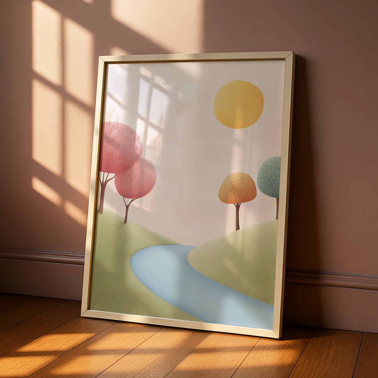 Nursery Wall Art Pastel Landscape Print, Colourful Trees River Sun Kids Room Poster