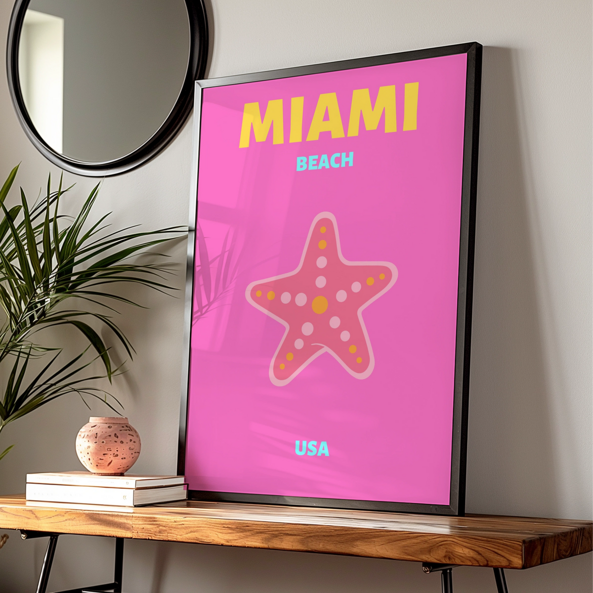Miami Beach Travel Poster, Florida USA Wall Art, Retro Beach Print, Bold Pink Starfish Decor
