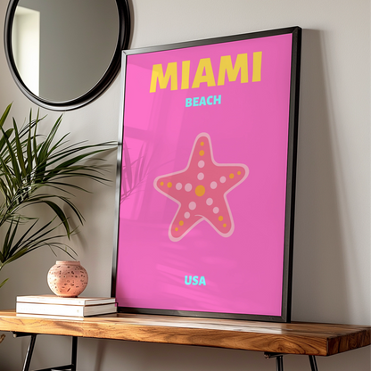 Miami Beach Travel Poster, Florida USA Wall Art, Retro Beach Print, Bold Pink Starfish Decor